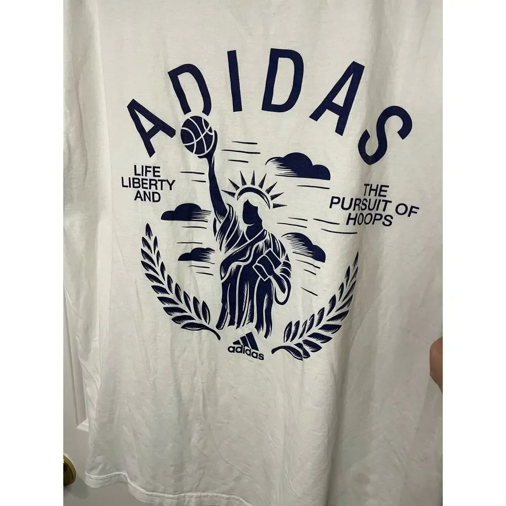 Adidas Pursuit of Hoops Blue Print White Tee Shirt Men's sz. L